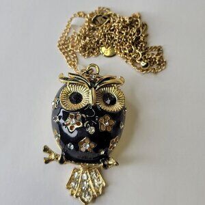Gold and Black Owl Pendant Necklace Enamelled Owl Long Necklace